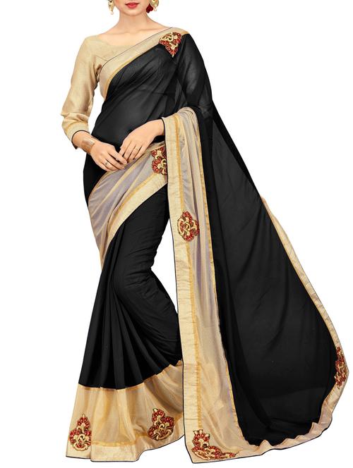 floral patchwork contrast border saree with blouse - 15469495 - Very Small Image - 1