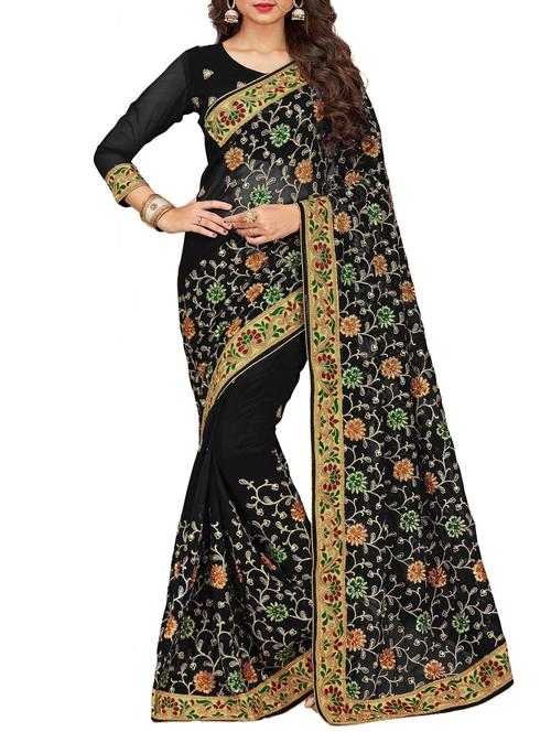contrast thread floral embroidered saree with blouse - 15469498 - Very Small Image - 1