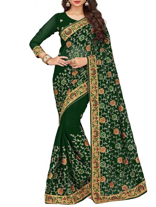 contrast thread floral embroidered saree with blouse - 15469499 - Very Small Image - 1