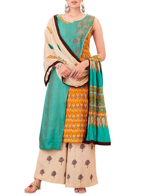 ikat printed layered kurta palazzoo suit set - 15471138 - Very Small Image - 1