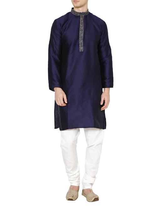 navy blue dupion kurta pyjama set - 15471647 - Very Small Image - 1