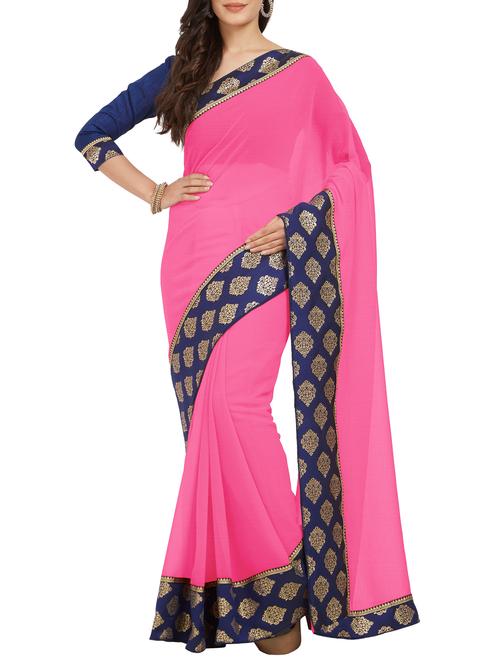 contrast jacquard border pink saree with blouse - 15472688 - Very Small Image - 1