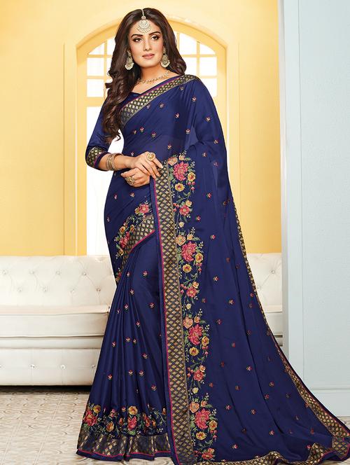 floral embroidered blue saree with blouse - 15475215 - Very Small Image - 1