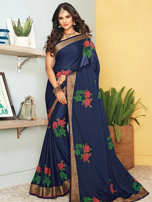 golden border embroidered saree with blouse - 15475222 - Very Small Image - 1