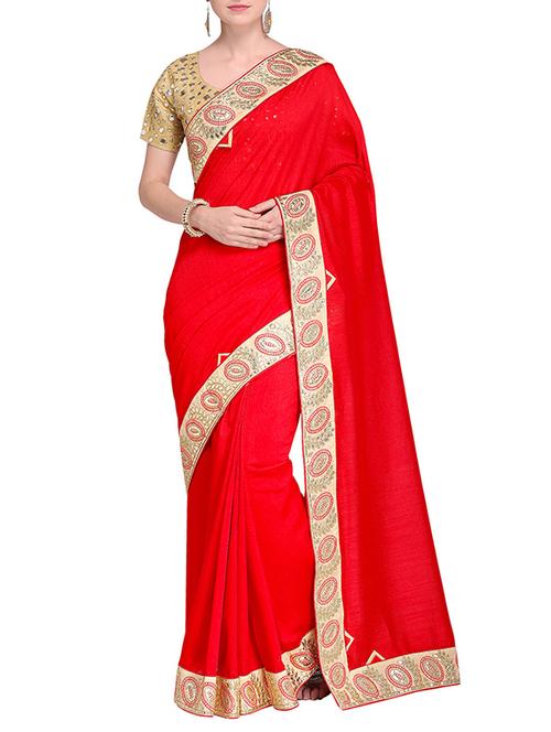 contrast embroidered border red saree - 15475444 - Very Small Image - 1