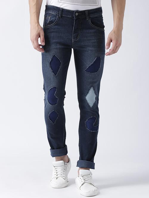 blue cotton blend patched jeans - 15475474 - Very Small Image - 1