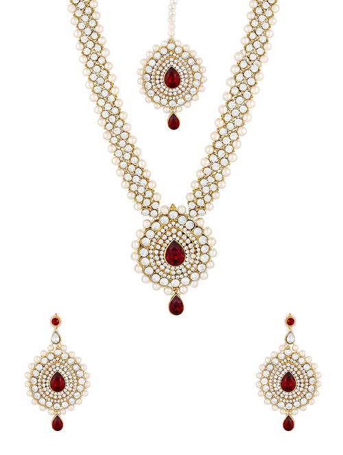 red gold tone necklace, earrings & maangteeka set - 15476984 - Very Small Image - 1
