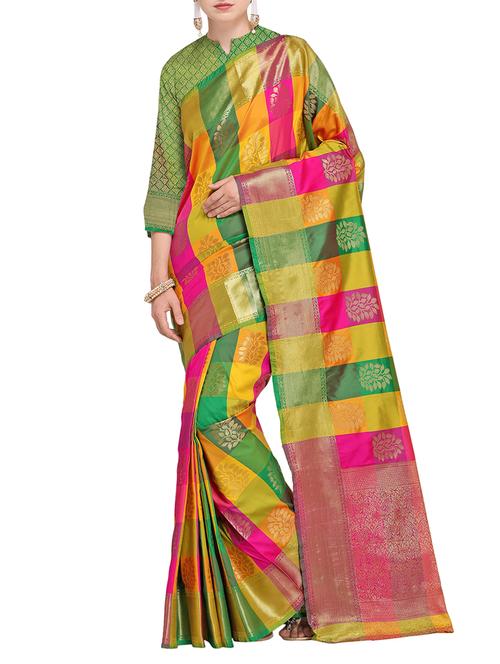 contrast checkered zari banarasi saree with blouse - 15478769 - Very Small Image - 1