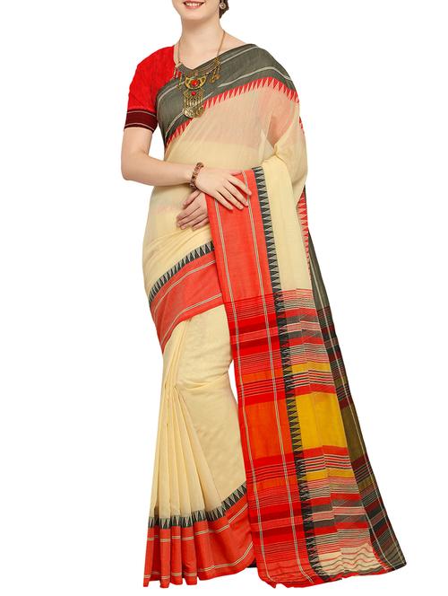 contrast striped pallu woven saree with blouse - 15478785 - Very Small Image - 1