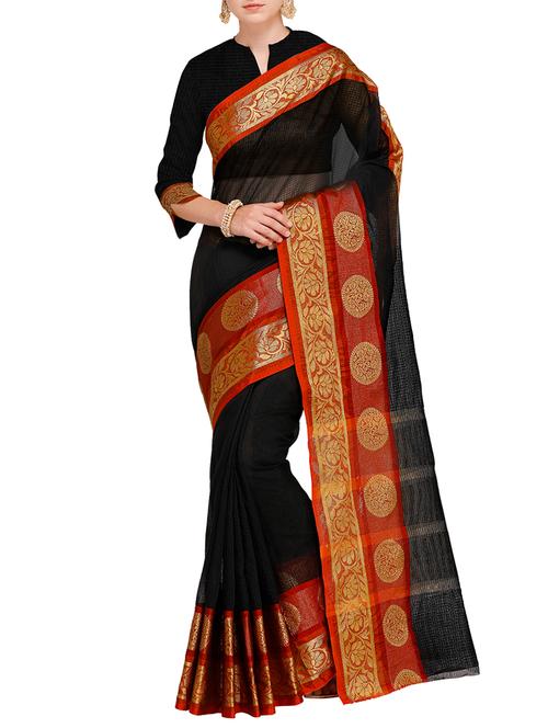 contrast floral border woven saree with blouse - 15478790 - Very Small Image - 1