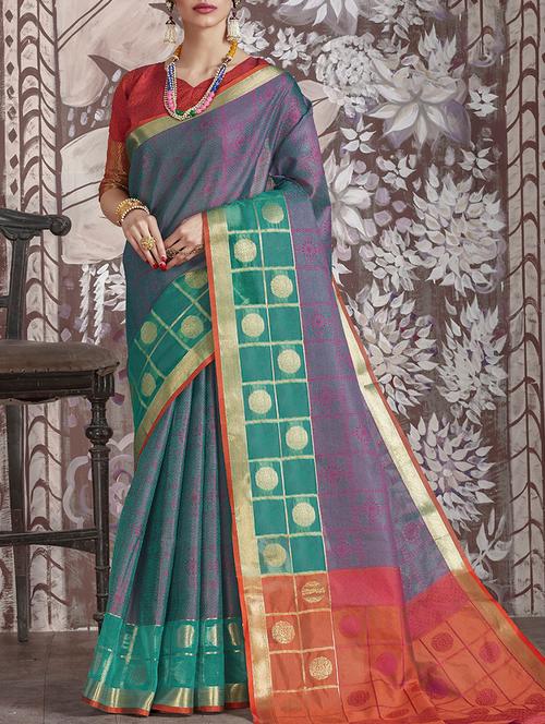 contrast border geometrical woven saree with blouse - 15478798 - Very Small Image - 1