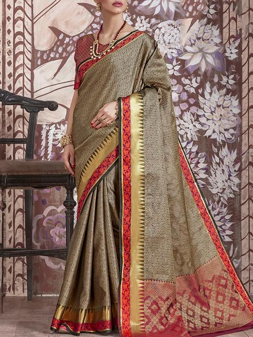 contrast zari pallu woven saree with blouse - 15478802 - Very Small Image - 1