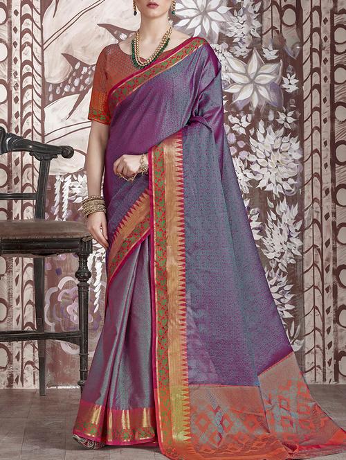 contrast zari pallu woven saree with blouse - 15478803 - Very Small Image - 1