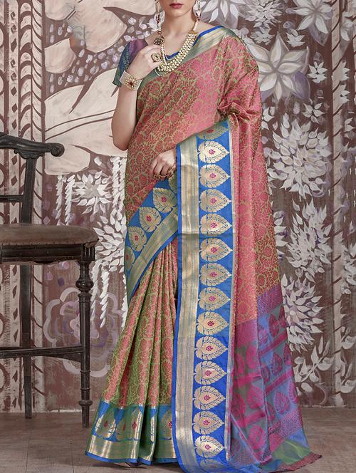contrast zari pallu woven saree with blouse - 15478806 - Very Small Image - 1