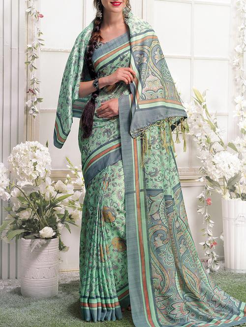 kalamkari printed pista green saree with blouse - 15478838 - Very Small Image - 1
