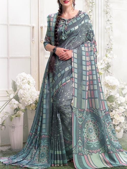checkered printed grey saree with blouse - 15478845 - Very Small Image - 1
