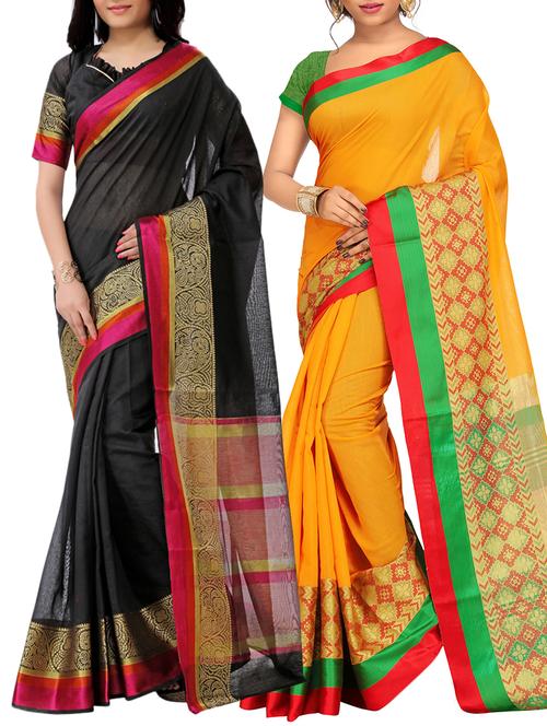 set of 2 zari bordered cotton saree with blouse - 15484176 - Very Small Image - 1