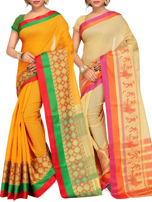 set of 2 zari bordered cotton saree with blouse - 15484177 - Very Small Image - 1