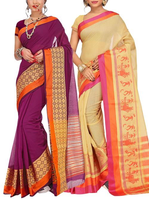 set of 2 zari bordered cotton saree with blouse - 15484178 - Very Small Image - 1