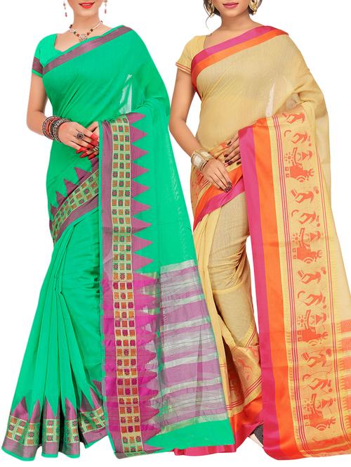 set of 2 zari bordered cotton saree with blouse - 15484179 - Very Small Image - 1
