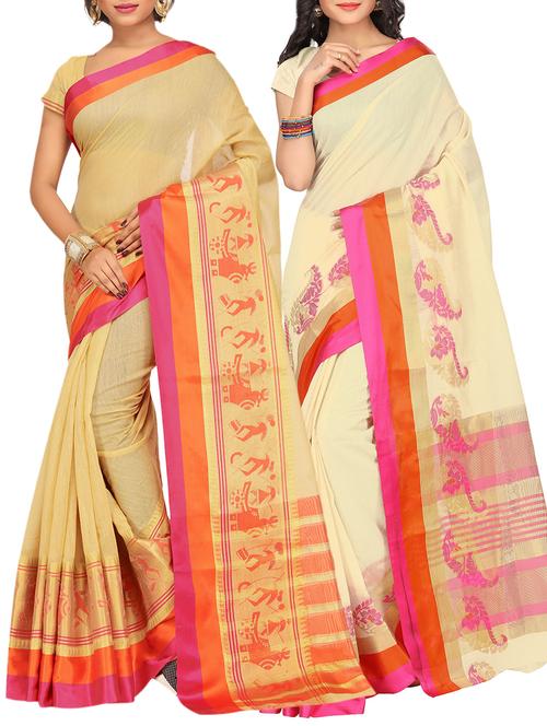 set of 2 zari bordered cotton saree with blouse - 15484182 - Very Small Image - 1