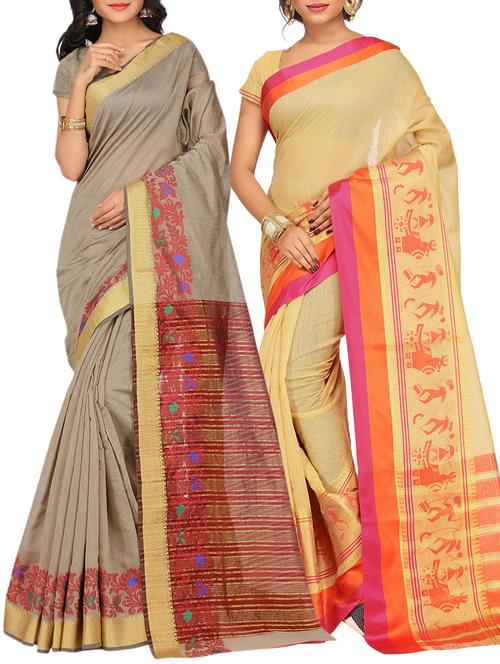 set of 2 zari bordered cotton saree with blouse - 15484184 - Very Small Image - 1