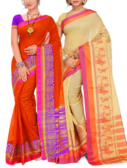 set of 2 zari bordered saree with blouse - 15484190 - Very Small Image - 1