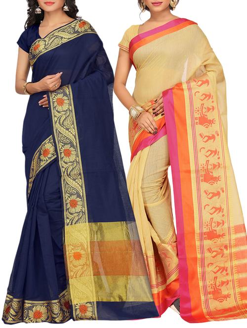 set of 2 zari bordered saree with blouse - 15484193 - Very Small Image - 1