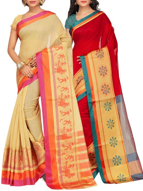 set of 2 zari bordered saree with blouse - 15484196 - Very Small Image - 1
