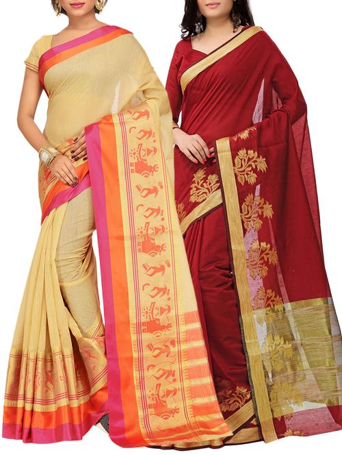 set of 2 zari bordered saree with blouse - 15484198 - Very Small Image - 1