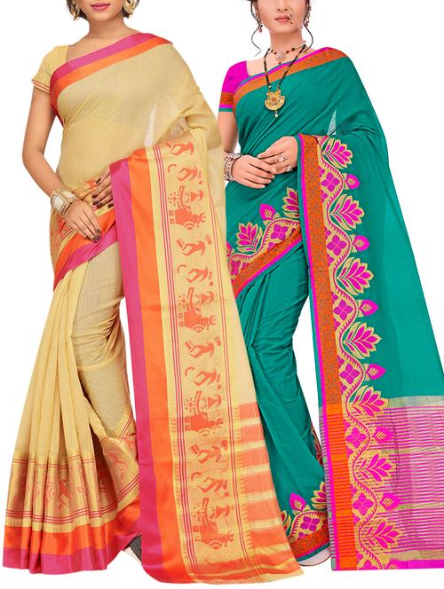 set of 2 zari bordered saree with blouse - 15484200 - Very Small Image - 1