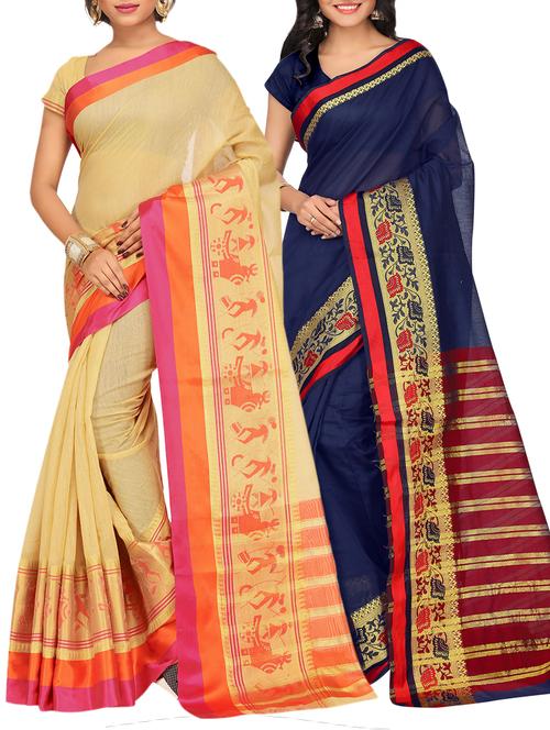 set of 2 zari bordered saree with blouse - 15484207 - Very Small Image - 1