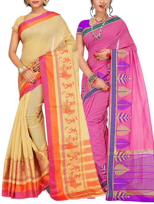 set of 2 zari bordered saree with blouse - 15484216 - Very Small Image - 1