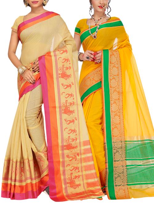 set of 2 zari bordered saree with blouse - 15484217 - Very Small Image - 1