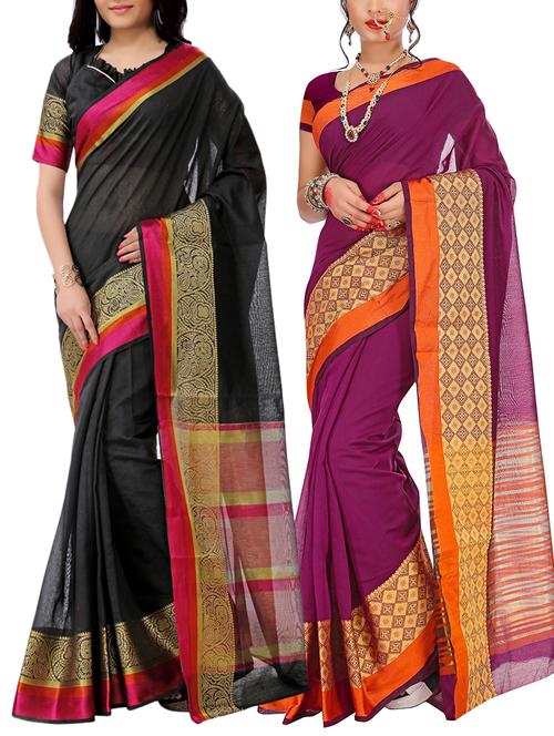 set of 2 zari bordered saree with blouse - 15484222 - Very Small Image - 1