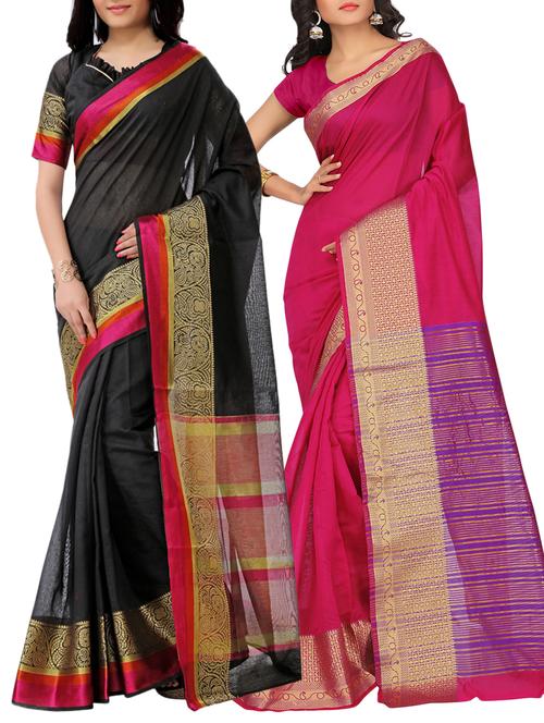 set of 2 zari bordered saree with blouse - 15484225 - Very Small Image - 1