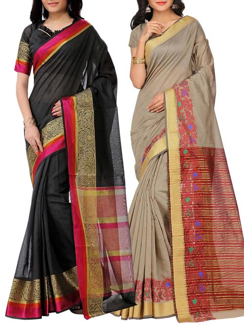 set of 2 zari bordered saree with blouse - 15484228 - Very Small Image - 1