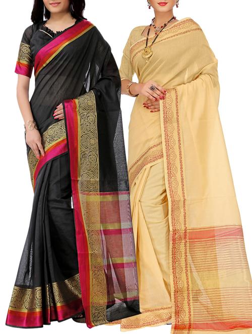 set of 2 zari bordered saree with blouse - 15484232 - Very Small Image - 1