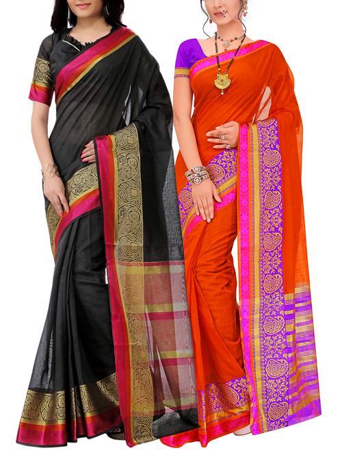 set of 2 zari bordered saree with blouse - 15484234 - Very Small Image - 1