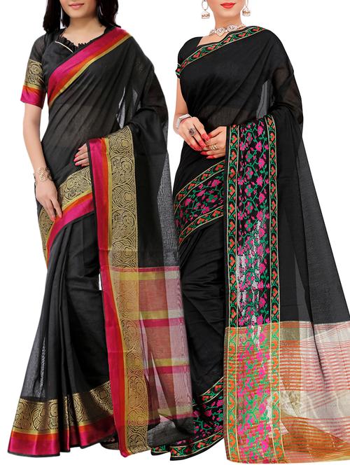 set of 2 zari bordered saree with blouse - 15484239 - Very Small Image - 1
