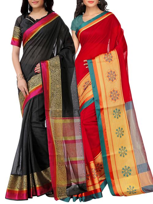 set of 2 zari bordered saree with blouse - 15484240 - Very Small Image - 1