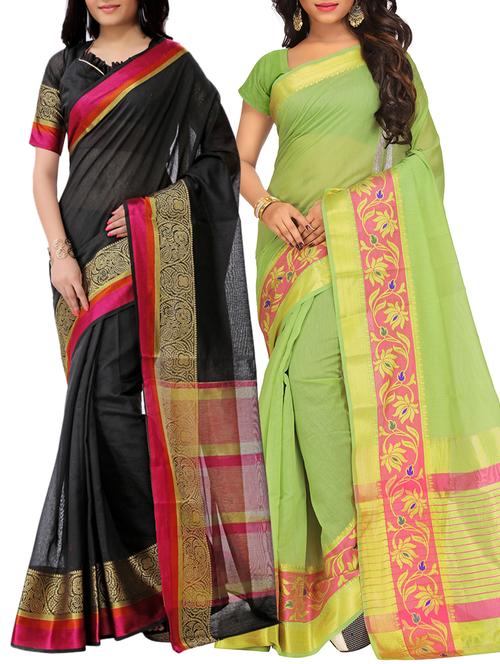 set of 2 zari bordered saree with blouse - 15484248 - Very Small Image - 1