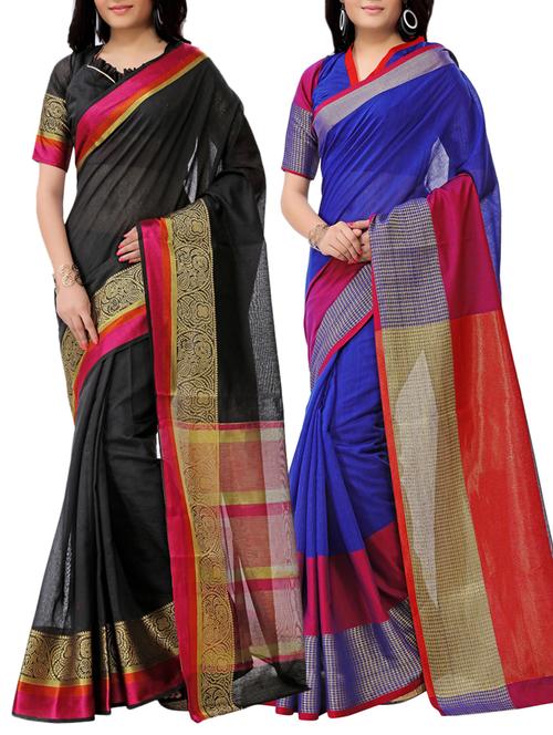 set of 2 zari bordered saree with blouse - 15484258 - Very Small Image - 1