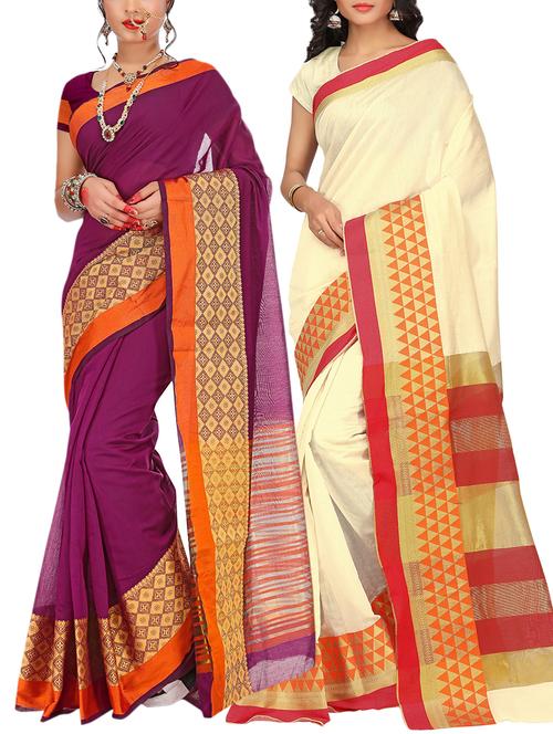 set of 2 zari bordered saree with blouse - 15484265 - Very Small Image - 1