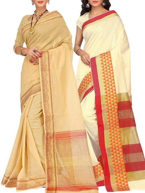set of 2 zari bordered saree with blouse - 15484275 - Very Small Image - 1