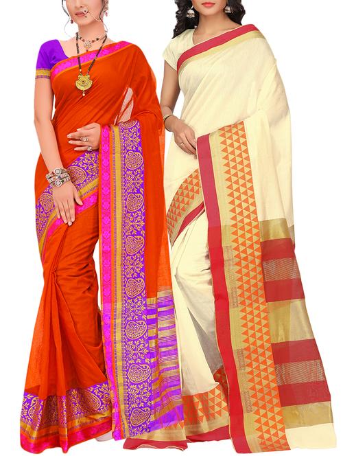 set of 2 zari bordered saree with blouse - 15484277 - Very Small Image - 1