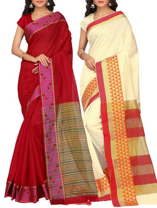 set of 2 zari bordered saree with blouse - 15484281 - Very Small Image - 1