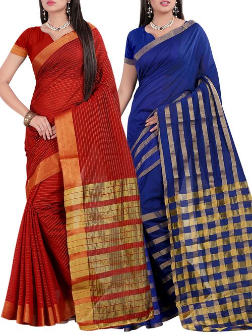 set of 2 zari bordered saree with blouse - 15484287 - Very Small Image - 1