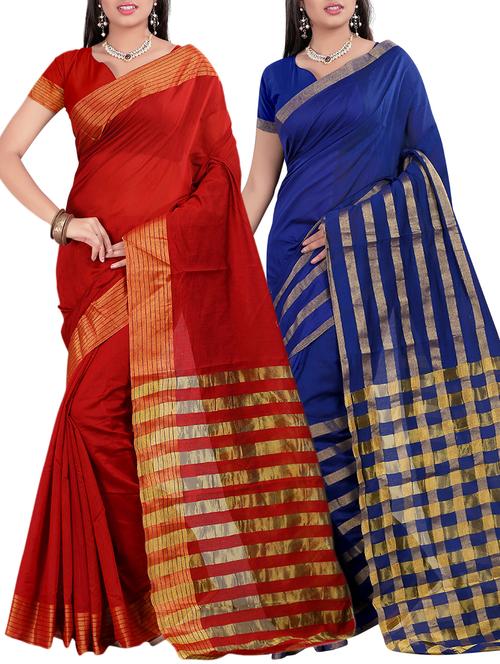 set of 2 zari bordered saree with blouse - 15484291 - Very Small Image - 1