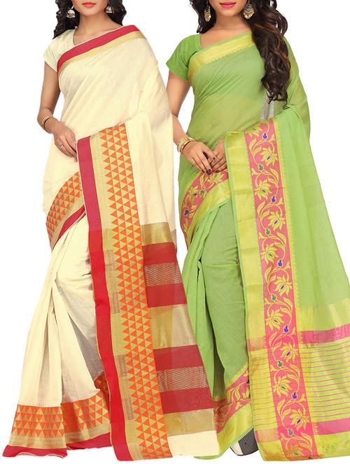 set of 2 zari bordered saree with blouse - 15484294 - Very Small Image - 1